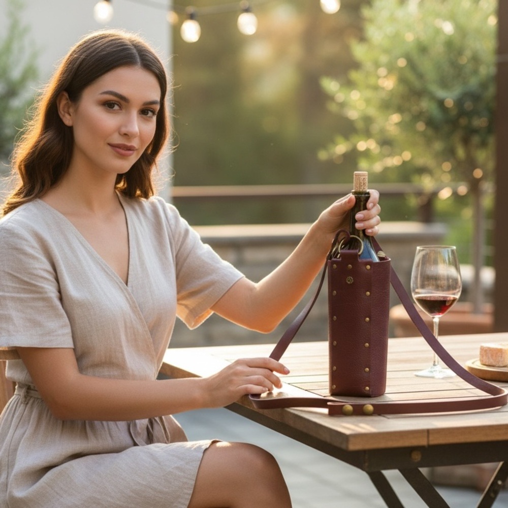 Premium Burgundy Leather Wine Carrier Tote with Adjustable Strap